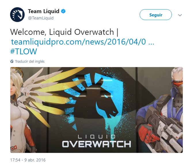 Team Liquid daba la bienvenida a su equipo de OW en abril de 2016 / Imagen: Team Liquid Twitter